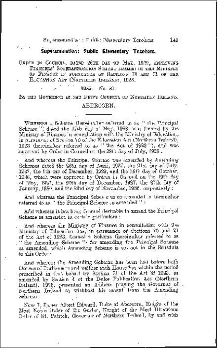The Public Elementary Teachers Superannuation Order in Council (Northern Ireland) 1939