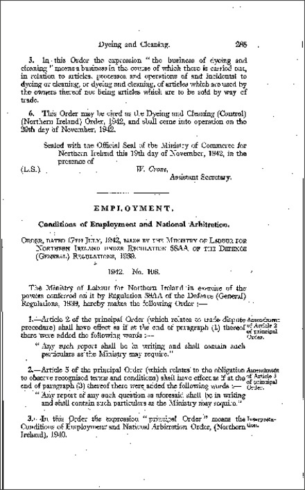 The Conditions of Employment and National Arbitration (Amendment) Order (Northern Ireland) 1942