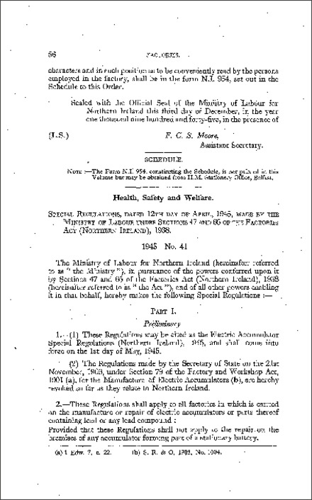 The Electric Accumulator Special Regulations (Northern Ireland) 1945