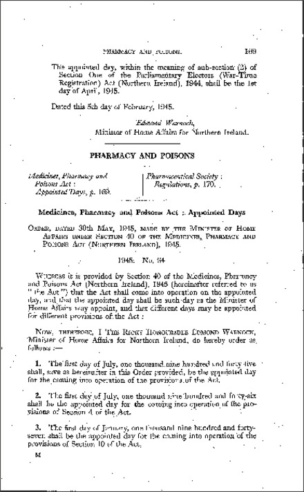 The Medicines, Pharmacy and Poisons (Appointed Days) Order (Northern Ireland) 1945