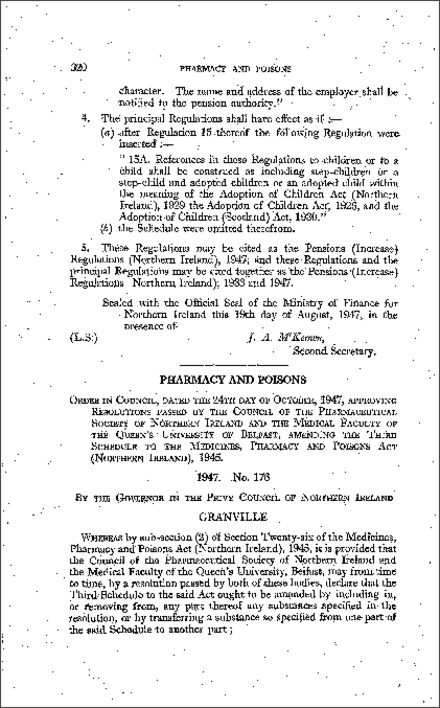 The Order Approving Resolutions passed by the Council of the Pharmaceutical Society of Northern Ireland and the Medical Faculty of Queen's University, Belfast amending the Third Schedule to the Medicines, Pharmacy and Poisons Act (Northern Ireland), (Northern Ireland) 1947