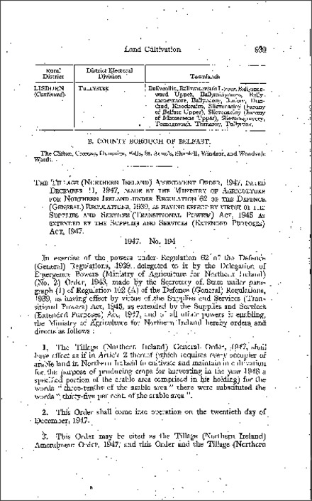 The Tillage Amendment Order (Northern Ireland) 1947
