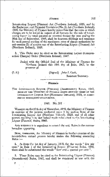 The Intoxicating Liquor (Finance) (Amendment) Rules (Northern Ireland) 1947