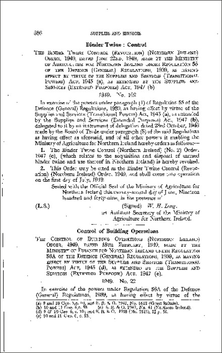The Binder Twine Control (Revocation) Order (Northern Ireland) 1949