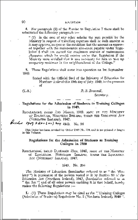 The Training Colleges (Admission of Students) Regulations No. 2 (Northern Ireland) 1949