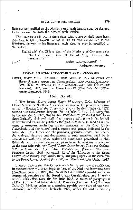 The Royal Ulster Constabulary Pensions Order (Northern Ireland) 1949