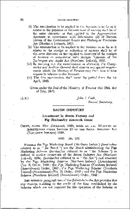 The Bacon Industry (Investment in Bacon Factory and Pig Husbandry Research Grant) Order (Northern Ireland) 1949