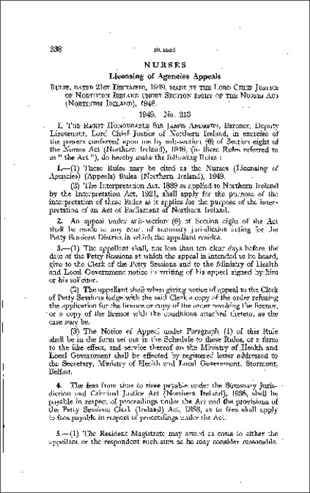 The Nurses (Licensing of Agencies) (Appeals) Rules (Northern Ireland) 1949