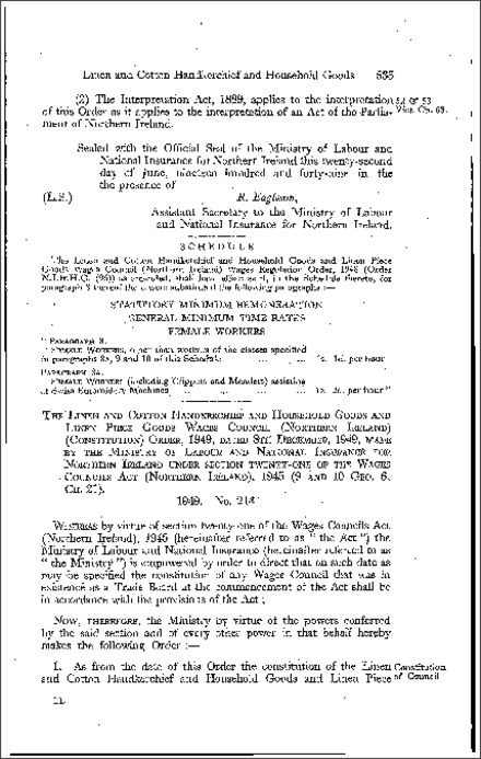 The Linen and Cotton Handkerchief and Household Goods and Linen Goods Wages Council Constitution Order (Northern Ireland) 1949