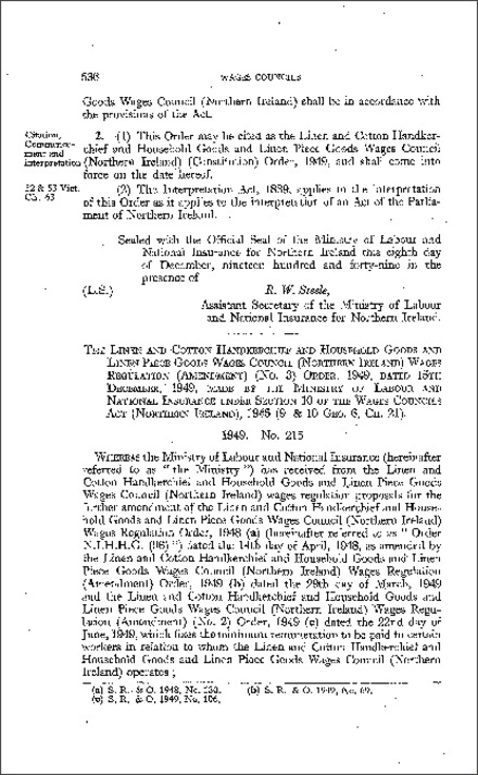 The Linen and Cotton Handkerchief and Household Goods and Linen Piece Goods Wages Council Wages Regulations (Amendment) (No. 3) Order (Northern Ireland) 1949