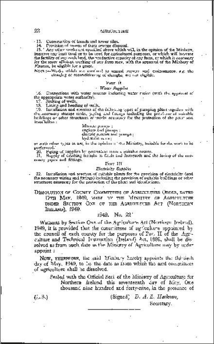 The County Committees of Agriculture (Dissolution) Order (Northern Ireland) 1949