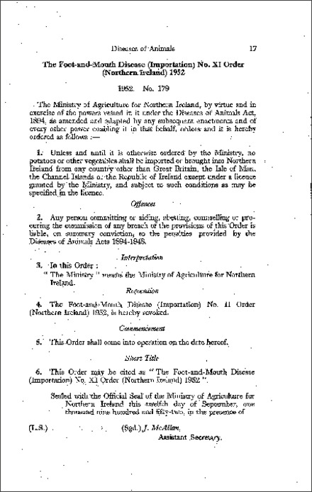 The Foot-and-Mouth Disease (Importation) No. XI Order (Northern Ireland) 1952