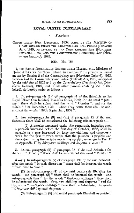 The Royal Ulster Constabulary Pensions (Amendment) Order (Northern Ireland) 1953