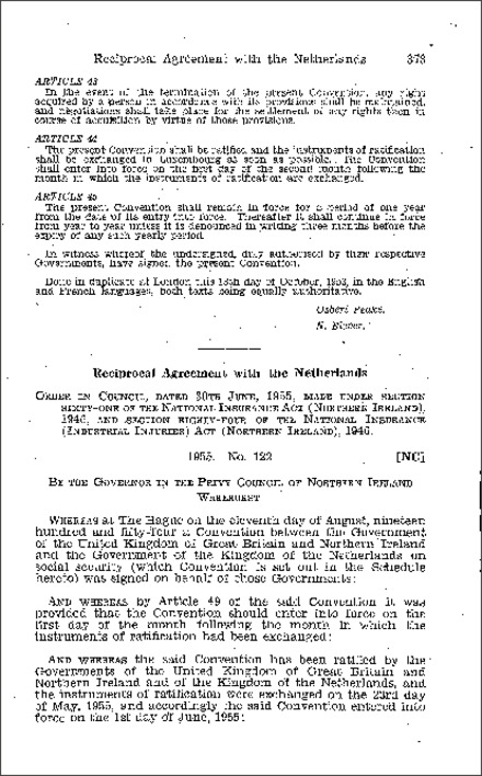 The National Insurance and Industrial Injuries (Reciprocal Agreement with the Netherlands) Order (Northern Ireland) 1955