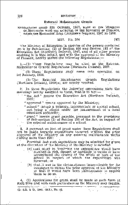 The External Maintenance Grants Regulations (Northern Ireland) 1957