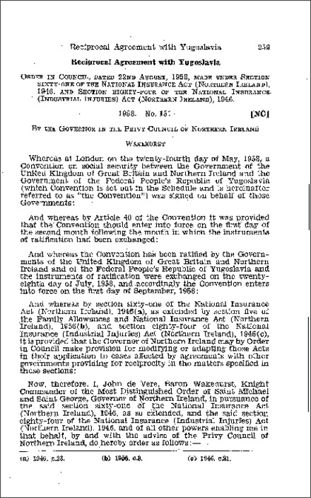 The Family Allowances, National Insurance and Industrial Injuries (Reciprocal Agreement with Yugoslavia) Order (Northern Ireland) 1958