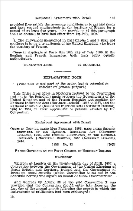 The National Insurance and Industrial Injuries (Reciprocal Agreement with Israel) Order (Northern Ireland) 1958