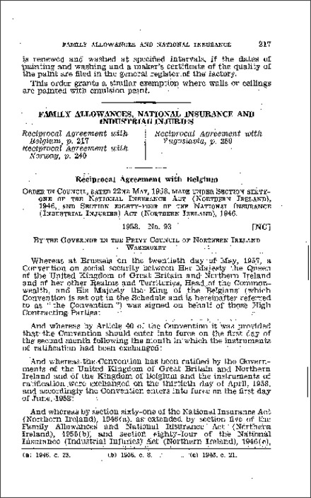 The Family Allowances, National Insurance and Industrial Injuries (Reciprocal Agreement with Belgium) Order (Northern Ireland) 1958