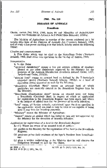 The Brucellosis Order (Northern Ireland) 1960