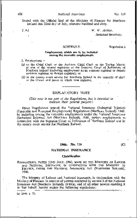 The National Insurance (Classifiction) Amendment Regulations (Northern Ireland) 1960