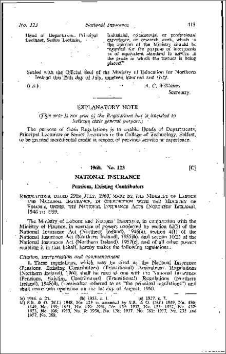 The National Insurance (Pensions, Existing Contributors) (Transitional) Amendment Regulations (Northern Ireland) 1960