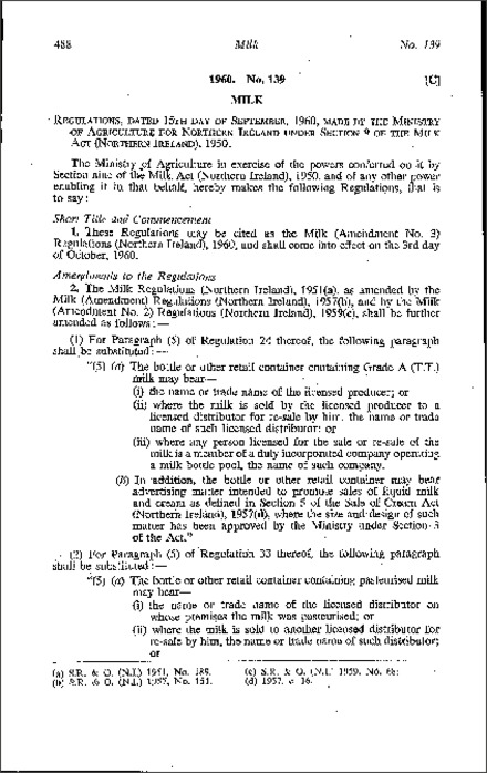 The Milk (Amendment No. 3) Regulations (Northern Ireland) 1960