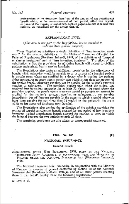 The National Insurance (General Benefit) Amendment Regulations (Northern Ireland) 1960