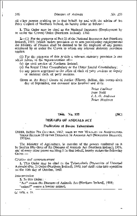 The Tuberculosis (Possession of Untested Animals) (No. 2) Order (Northern Ireland) 1960