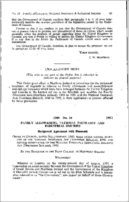 The Family Allowance National Insurance and Industrial Injuries (Reciprocal Agreement with Denmark) (Northern Ireland) 1960