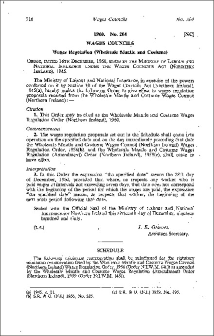 The Wholesale Mantle and Costume Wages Regulations (Northern Ireland) 1960
