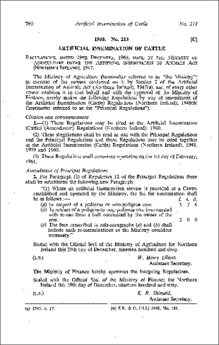 The Artificial Insemination (Cattle) (Amendment) Regulations (Northern Ireland) 1960