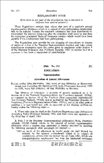 The Teachers (Superannuation) (Allocation) Amendment Rules (Northern Ireland) 1960