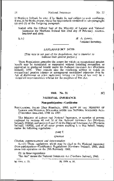 The National Insurance (Non-participation-Certificates) Regulations (Northern Ireland) 1960