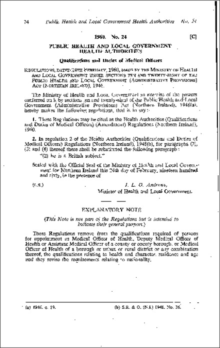The Health Authorities (Qualifications and Duties of Medical Officers) (Amendment) Regulations (Northern Ireland) 1960