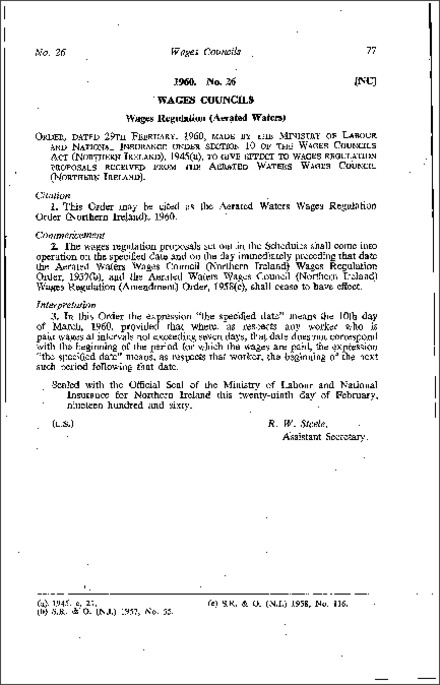 The Aerated Waters Wages Regulations Order (Northern Ireland) 1960