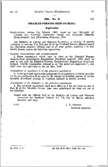The Disabled Persons (Registration) Amendment Regulations (Northern Ireland) 1960