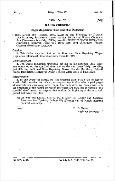 The Boot and Shoe Repairing Wages Regulations (Holidays) Order (Northern Ireland) 1960