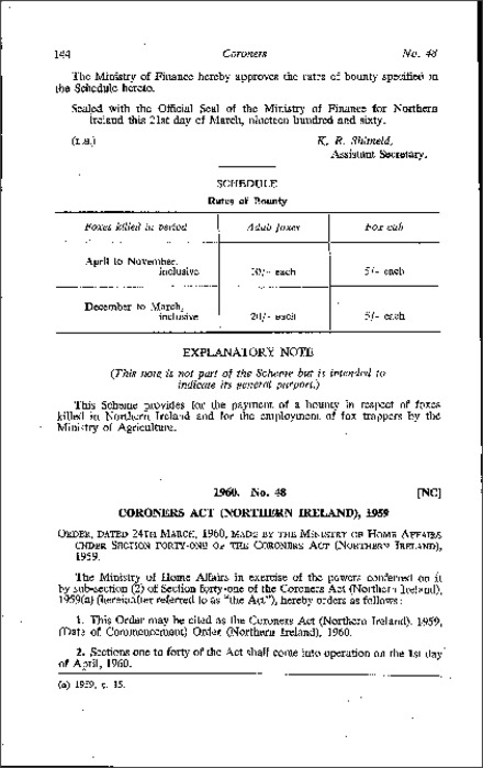 The Coroners Act (Northern Ireland) 1959, (Date of Commencement) Order (Northern Ireland) 1960