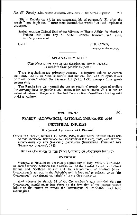 The Family Allowances, National Insurance and Industrial Injuries (Reciprocal Agreement with Finland) Order (Northern Ireland) 1960