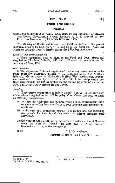The Food and Drugs (Penalties) Regulations (Northern Ireland) 1960