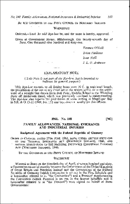 The Family Allowances, National Insurance and Industrial Injuries (Reciprocal Agreement with Germany) Order (Northern Ireland) 1961