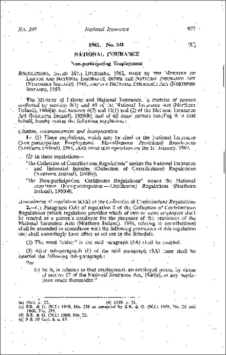 The National Insurance (Non-participating Employment Miscellaneous Provisions) Regulations (Northern Ireland) 1961