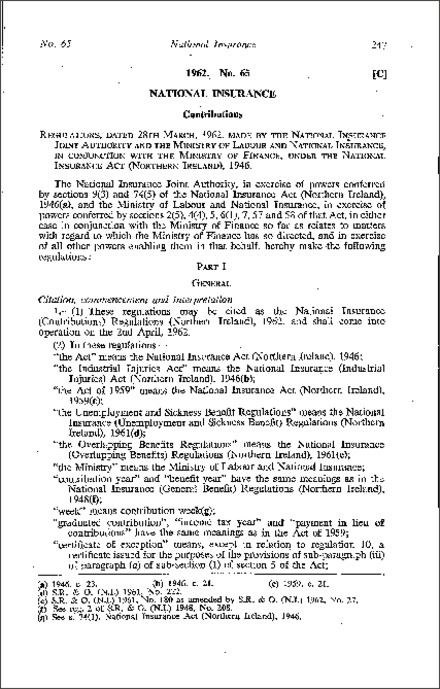 The National Insurance (Contributions) Regulations (Northern Ireland) 1962