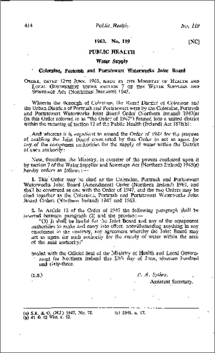 The Coleraine, Portrush and Portstewart Waterworks Joint Board (Amendment) Order (Northern Ireland) 1963