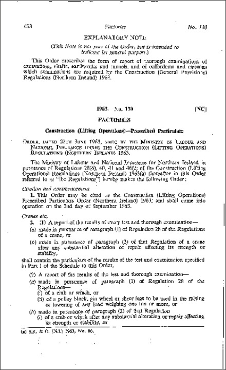 The Construction (Lifting Operations) Prescribed Particulars Order (Northern Ireland) 1963
