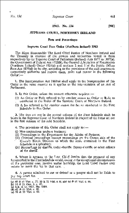 The Supreme Court Fees Order (Northern Ireland) 1963