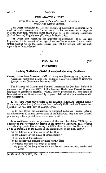 The Ionising Radiations (Sealed Sources) (Laboratory Certificates) Order (Northern Ireland) 1963