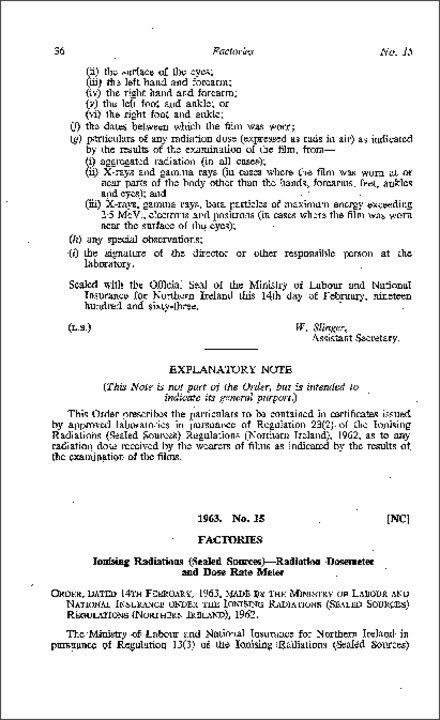 The Ionising Radiations (Sealed Sources) (Radiation Dosemeter and Dose Rate Meter) Order (Northern Ireland) 1963