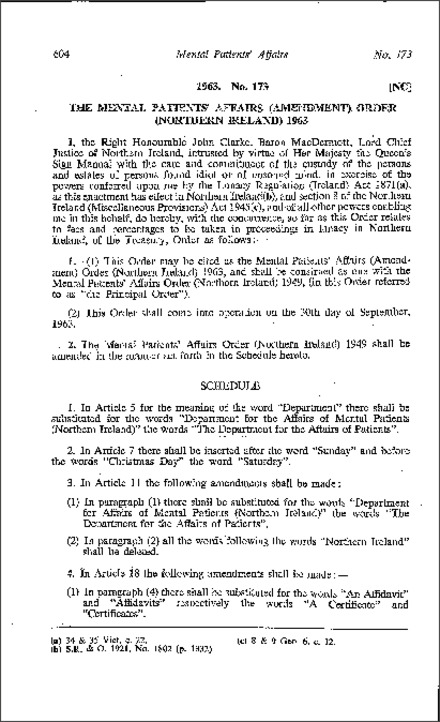 The Mental Patients' Affairs (Amendment) Order (Northern Ireland) 1963
