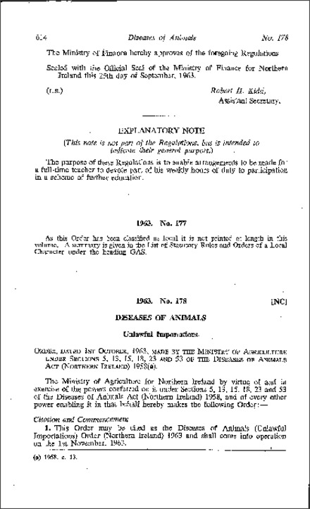 The Diseases of Animals (Unlawful Importations) Order (Northern Ireland) 1963